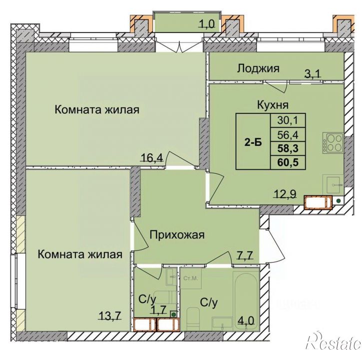 2-комн квартира в новом доме 1-я Оранжерейная улица, 14А